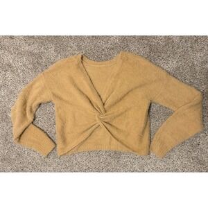 Women Fuzzy Twist Front V-Neck Cropped Sweater Camel Tan Long Sleeve Knit Top